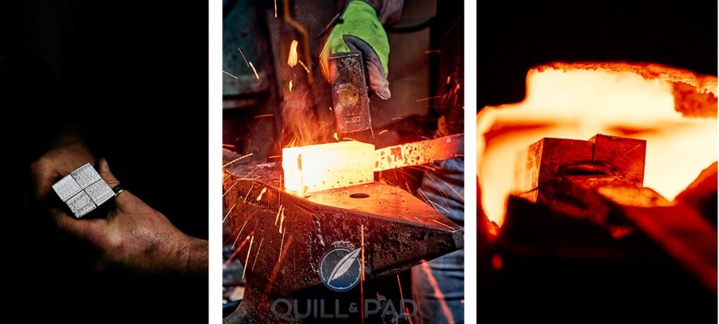 Four pieces of Damascus steel undergoing various steps in Johan Gustafsson's smithy to become one beautiful piece of unusual, artistic, patterned steel (photo Björn Dahlgren)