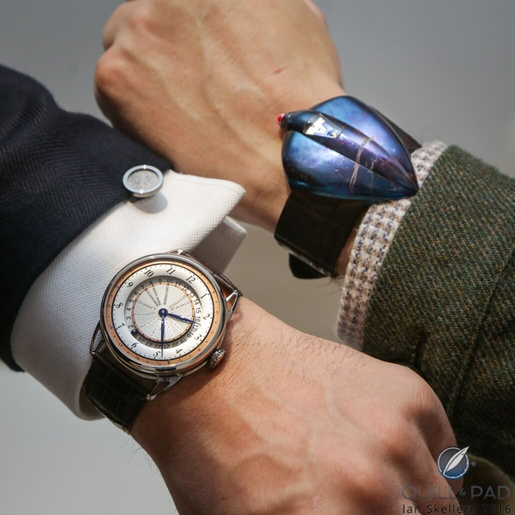 De Bethune DB25 World Traveller (left) and Dream Watch 5 in meteorite. Cufflink by Joshua Munchow of RQQR Links
