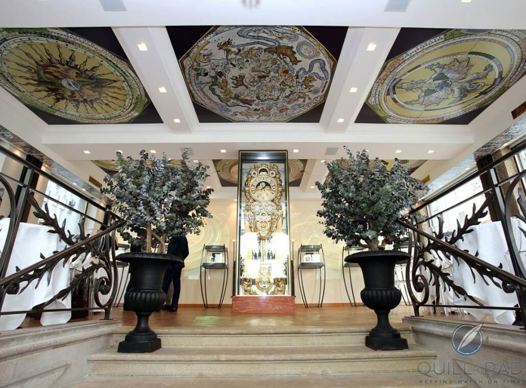 Front and center at the F.P. Journe showroom in Geneva: the Detouche astronomical clock underneath astrolabe paintings on the ceiling inspired by the ancient astronomer Apianus; the new library now sits against the back wall