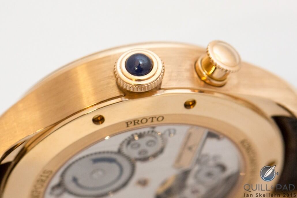 Close-up view of the pusher and cabochon-set crown of the Genius Temporis by Konstantin Chaykin