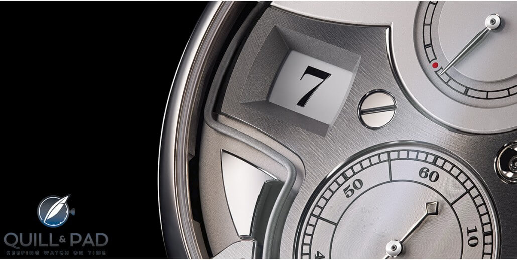 Close look at the digital hours aperture of the A. Lange & Söhne Zeitwerk Repeater with the sharply angled gong winding around below