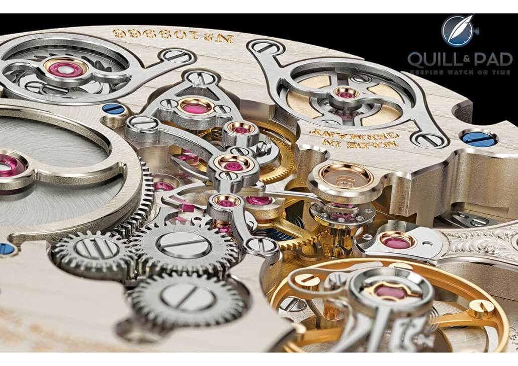 You could gaze for hours at the impeccably finished three-dimensionality of the beautiful movement of the A. Lange & Söhne Zeitwerk Minute Repeater