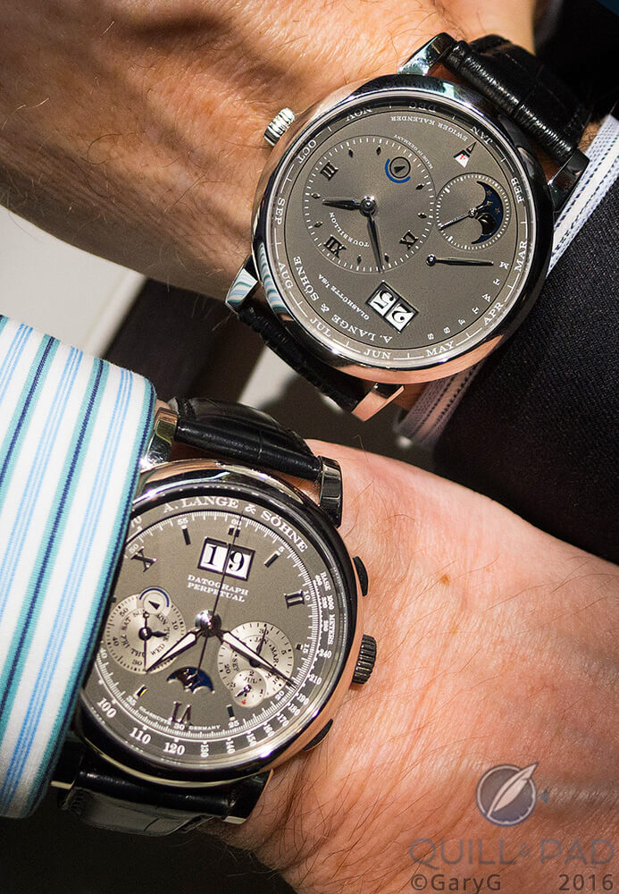 A. Lange & Söhne Lange 1 Perpetual Calendar Tourbillon in white gold (top) with the author’s A. Lange & Söhne Datograph Perpetual