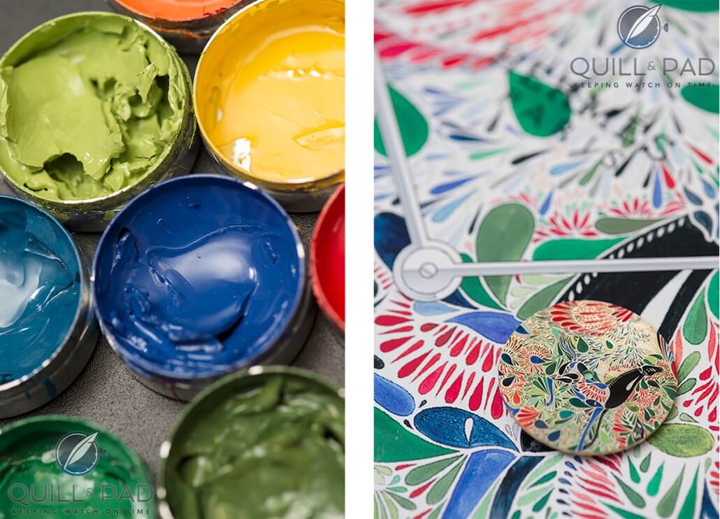 The panoply of colors required for the vivid dial of the Slim d’Hermès Mille Fleurs du Mexique