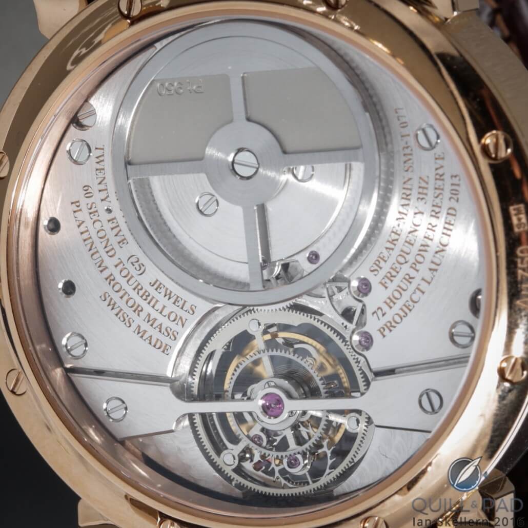 View through the display back of the Speake-Marin Dong Son Tourbillon