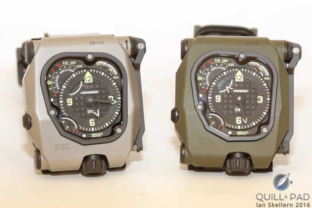 The two launch models of the Urwerk EMC2 in natural titanium/steel and green ceramic-coated titanium/steel