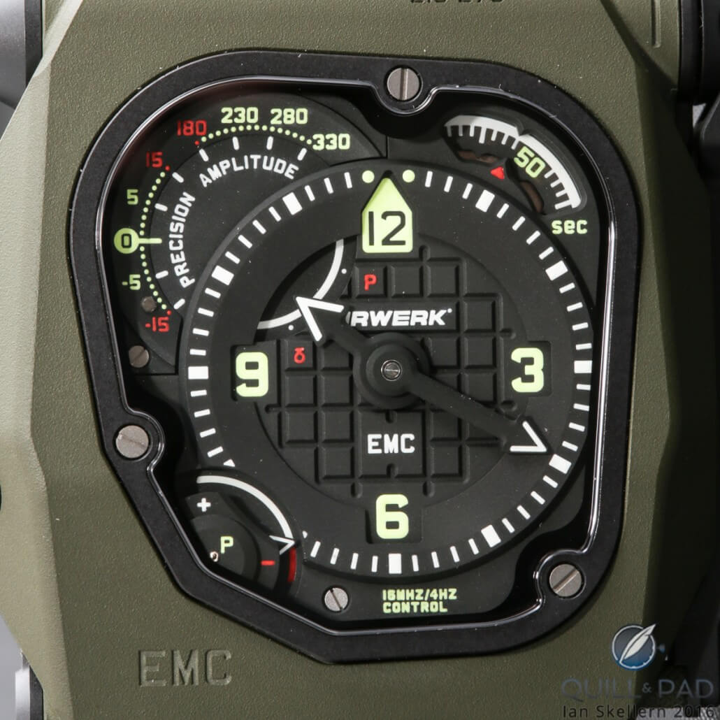 Close look at the dial of the Urwerk EMC2