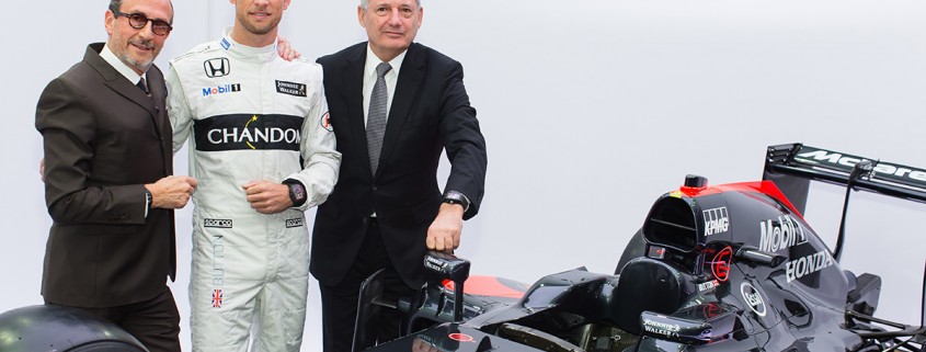 Richard Mille, Jenson Button and Ron McLaren announcing Richard Mille's sponsorship of the McLaren Formula 1 team