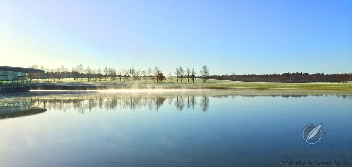 Morning mist over the lake beside the McLaren Technology Center