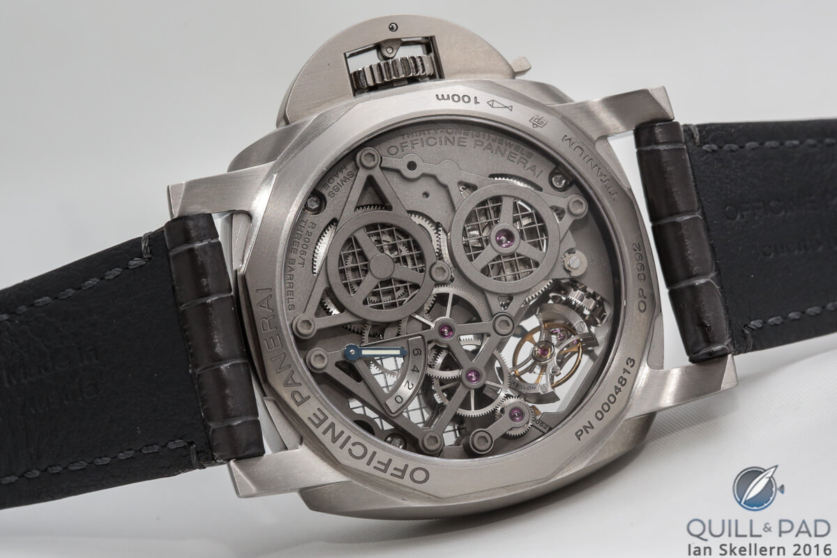 View through the display back of the Panerai Lo Scienziato Luminor 1950 Tourbillon GMT Titanium