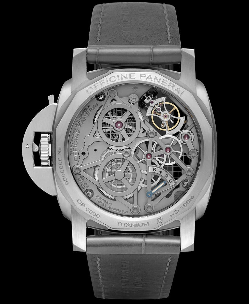 View through the display back of the Panerai Lo Scienziato Luminor 1950 Tourbillon GMT Titanium