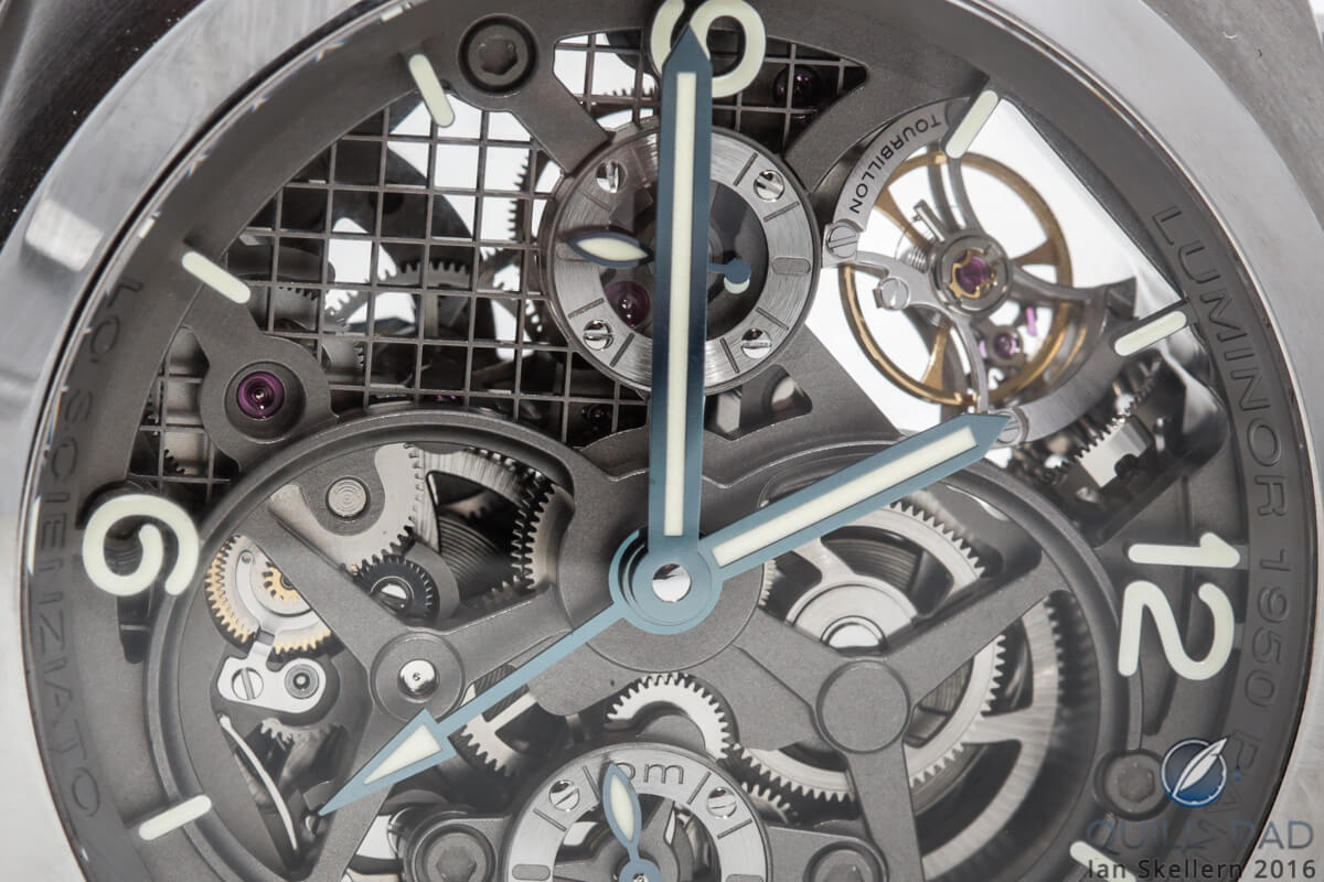 Close look at the rolling tourbillon (top right) of the Panerai Lo Scienziato Luminor 1950 Tourbillon GMT Titanium