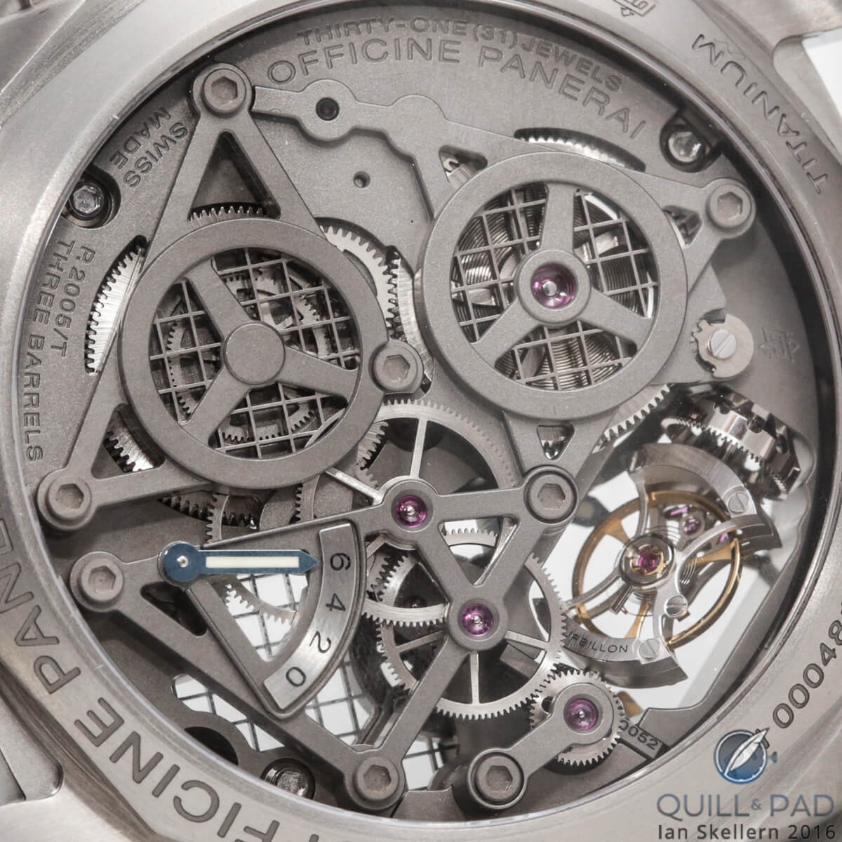 View through the display back of the Panerai Lo Scienziato Luminor 1950 Tourbillon GMT Titanium