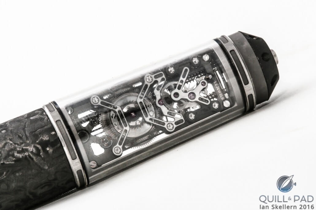The movement of the Richard Mille RMS05 causes the nib to extend or recess and is rewound automatically when the cap is replaced