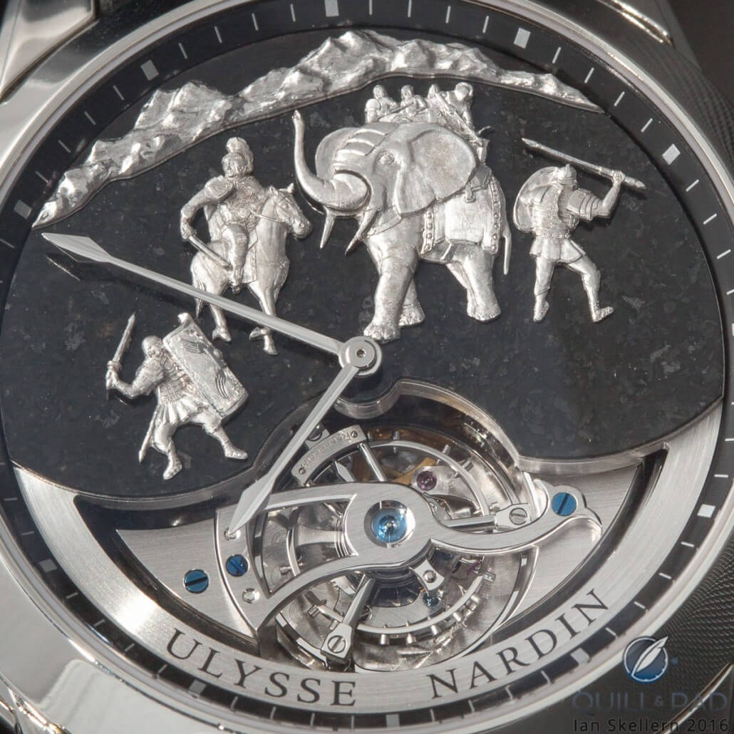 Close up look at the dial and animated jaquemarts on the Ulysse Nardin Hannibal Minute Repeater Westminster Carillon Tourbillon Jaquemarts