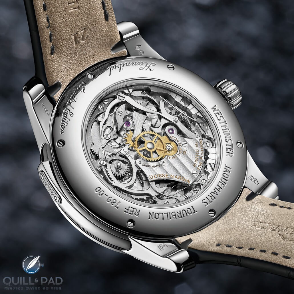 View through the display back of the Ulysse Nardin Hannibal Minute Repeater Westminster Carillon Tourbillon Jaquemarts