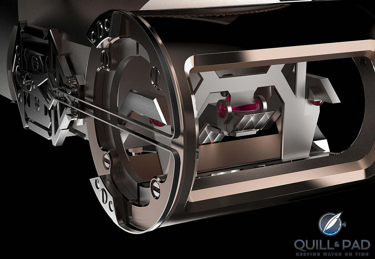 The balance assembly: what you see on the left is what passes for the balance spring in the DR01 Twelve First by Dominique Renaud
