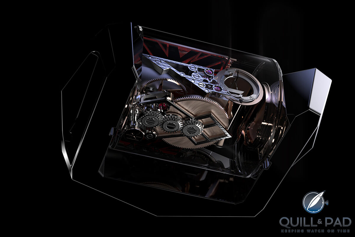 A view of the back of the Dominique Renaud DR01 Twelve First through the sapphire crystal 'visio module' offering 360° views of the dial and movement