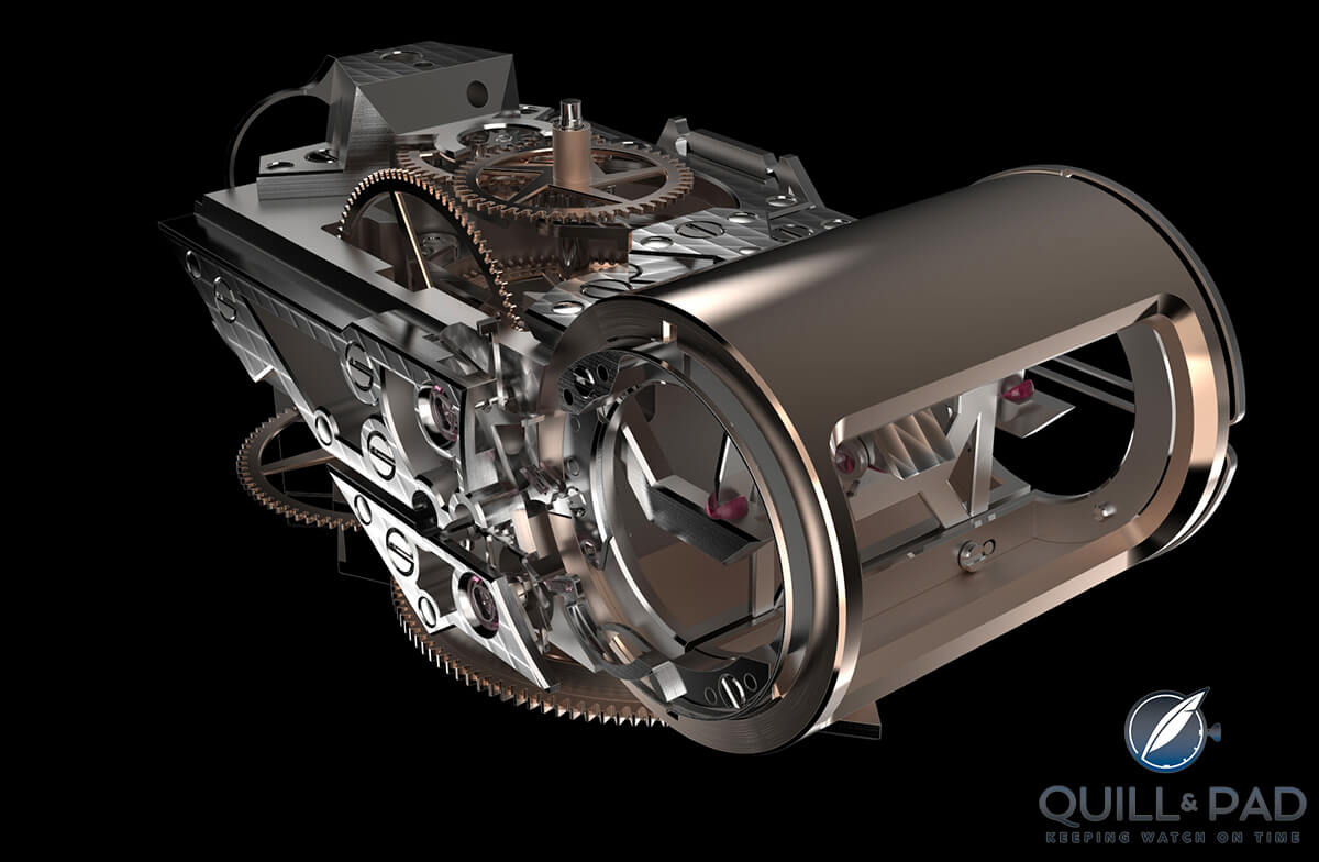 The movement of Dominique Renaud’s DR01 Twelve First with the large blade resonator in the foreground