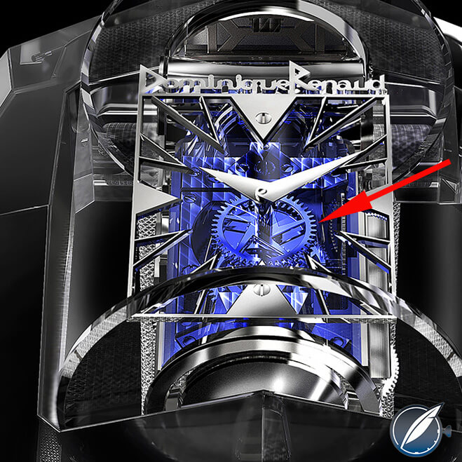 You can clearly see the large fourth wheel of the Dominique Renaud DR01 Twelve First that usually drives the second hand