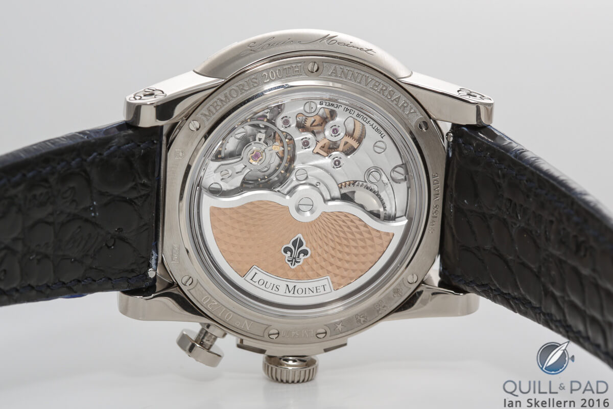 View through the display back of the Louis Moinet Memoris 200th Anniversary Edition chronograph