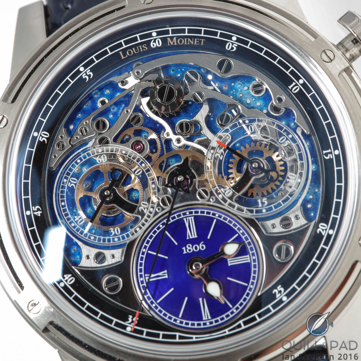 A close look at the dial of the Louis Moinet Memoris 200th Anniversary Edition chronograph