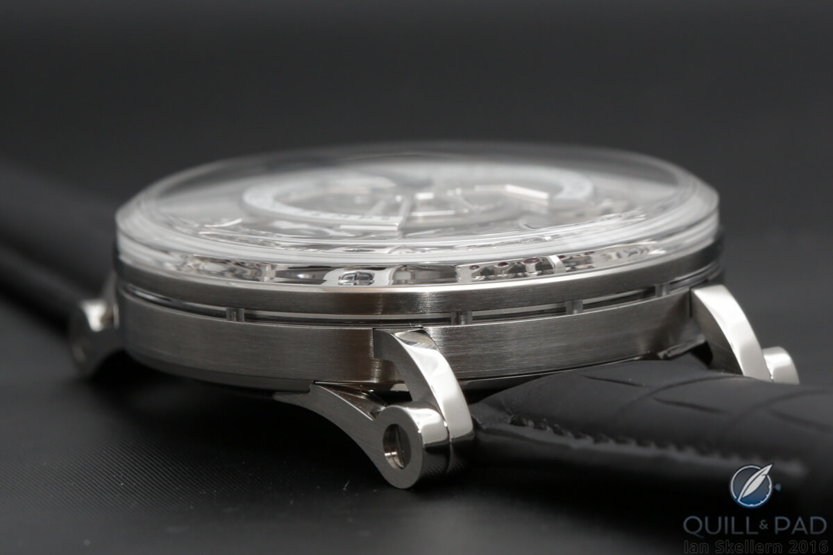 View of the case band of the MCT Sequential S210 showing the box crystal and sapphire crystal set into the case band