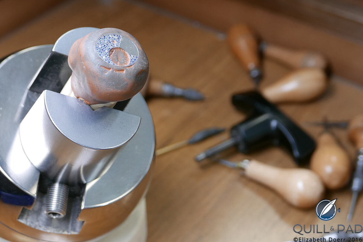 A component being gem set at Jaeger-LeCoultre’s dedicated new métiers d’art workshop