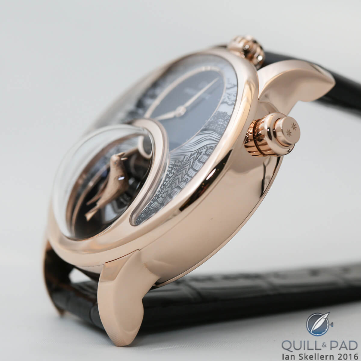 The Jaquet Droz Charming Bird automaton is activated by the pusher in the crow