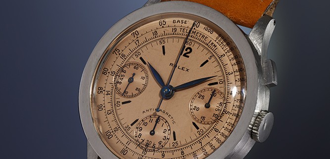 Lot 74: The salmon-dialed Rolex Reference 3330 from the Phillips Start-Stop-Reset auction of May 2016