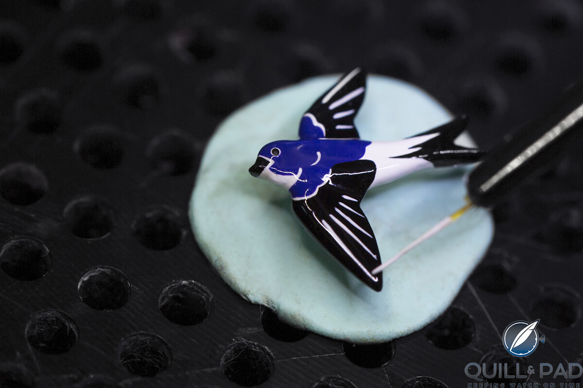 The hand-painted swallow indicates the hours on the Van Cleef & Arpels Lady Arpels Ronde des Papillons (photo courtesy Johann Sauty)