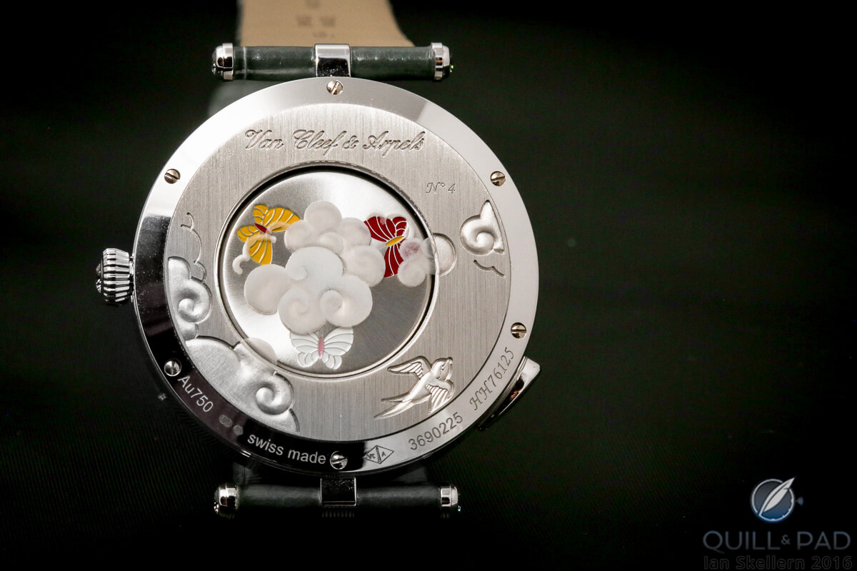 The back of the Van Cleef & Arpels Lady Arpels Ronde des Papillons with its butterfly-painted rotor 