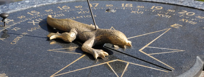 The gnomon projects from the back of the lizard in this sundial at Agenhor in Geneva