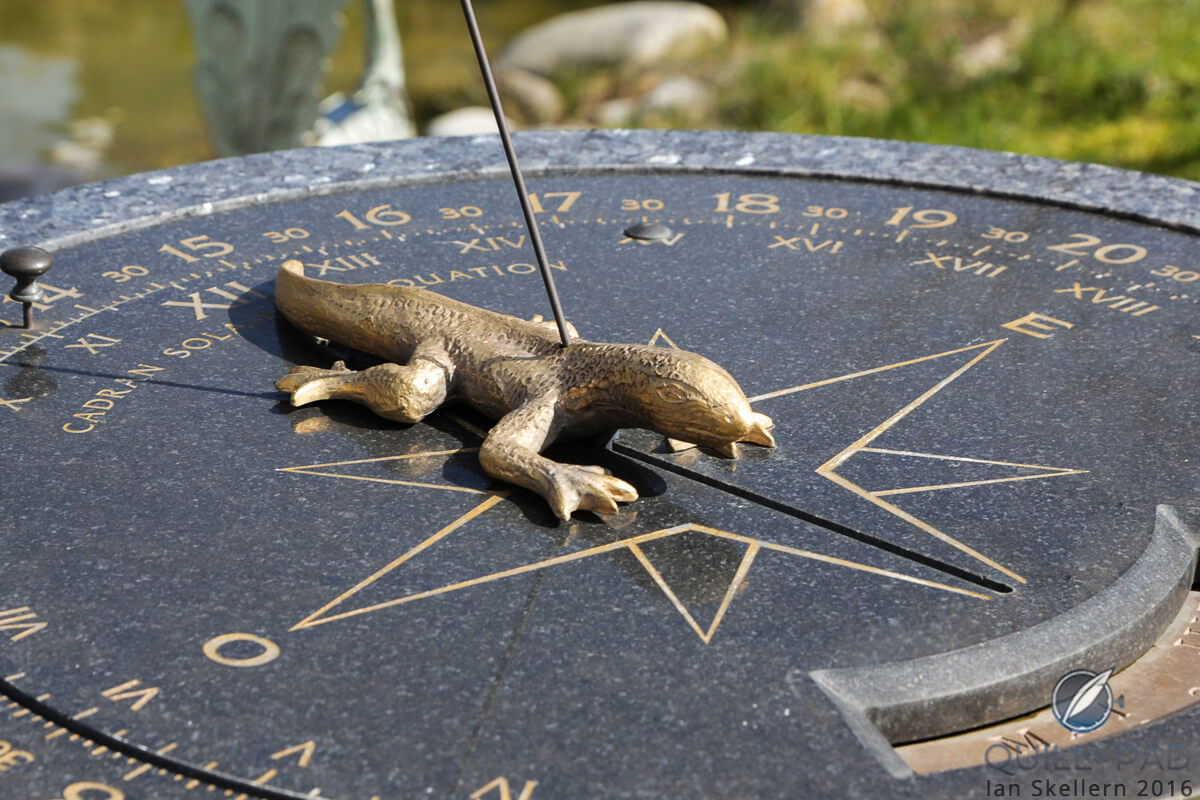 The gnomon projects from the back of the lizard in this sundial at Agenhor in Geneva