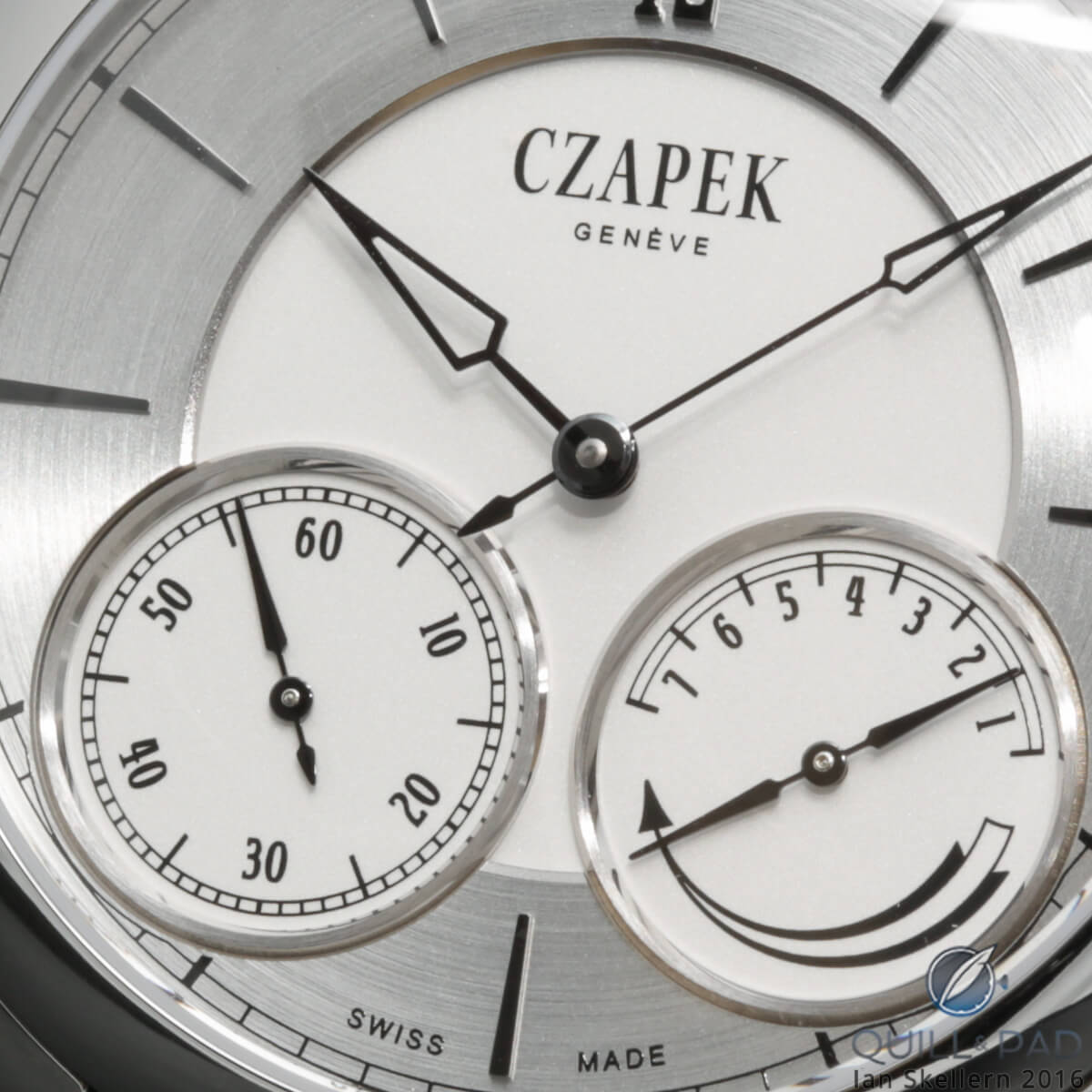 Close up look at the multi-layed dial of the Czapek & Cie. in steel from the Quai des Bergues collection