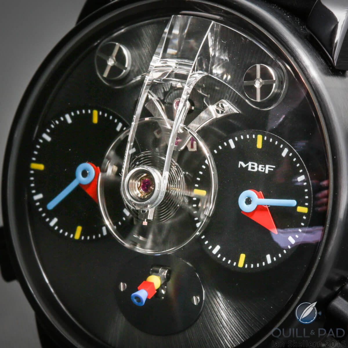 A close look at the dial side of the MB&F LM1 Silberstein in blackened titanium