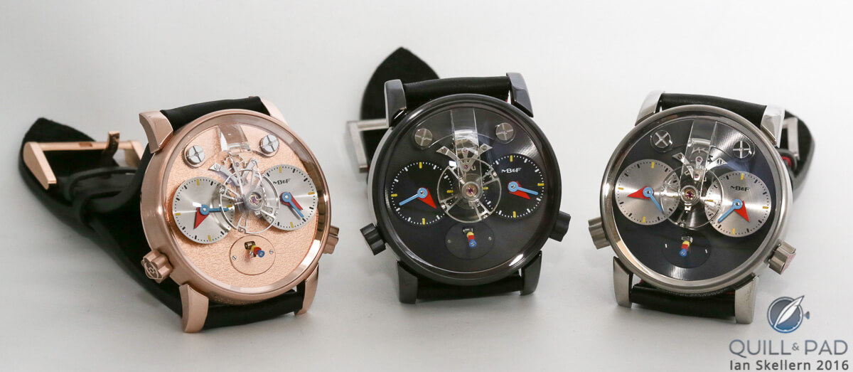 The MB&F LM1 Silberstein in (L-R) red gold with frosted dial, blackened titanium, and natural titanium