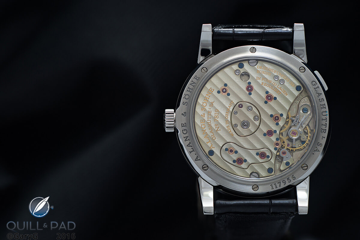 Movement view of the A. Lange & Söhne Lange 1 in stainless steel with black dial