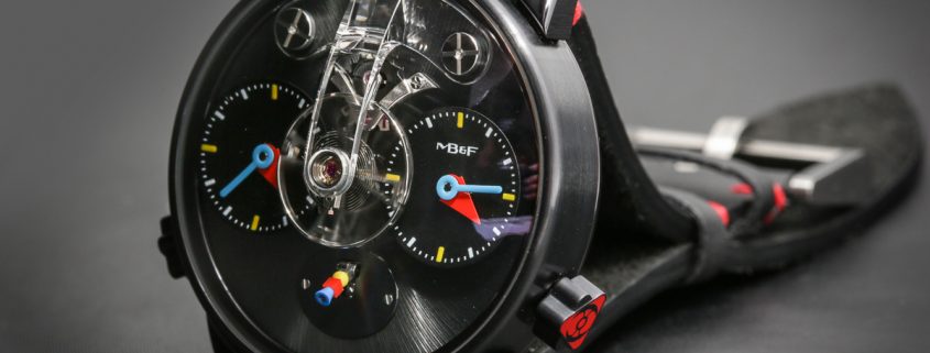 Close up look dial side of the MB&F LM1 Silberstein in blackened titanium