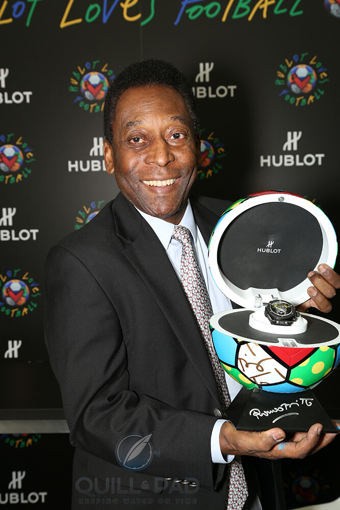 Pelé receiving an Hublot Big Bang Unico Bi-Retrograde Chronograph to commemorate the 2014 World Cup