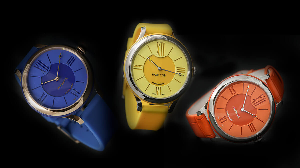 Lady Fabergé 36 mm in the happy colors of blue yellow and ora