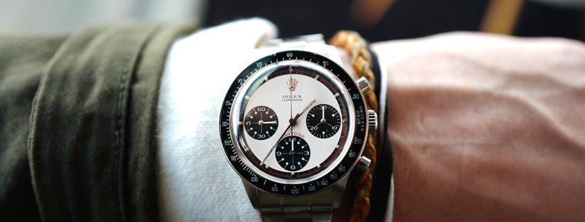 This Rolex Cosmograph Daytona Musketeer Paul Newman Ref. 6264 is Lot 44 at the Phillips Start-Stop-Reset auction of stainless steel chronographs