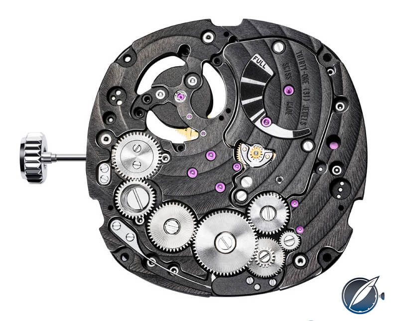 Movement side (back) of the hybrid Caliber 700P inside the Emperador Coussin XL, with the 42-hour power reserve indicator top right