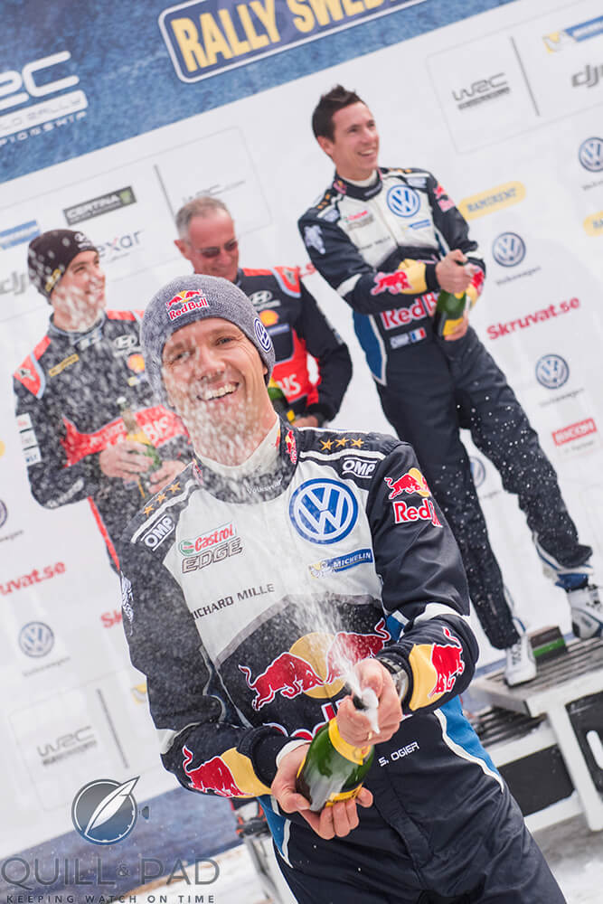 Richard Mille ambassador and world rally champion Sébastien Ogier celebrating another rally win
