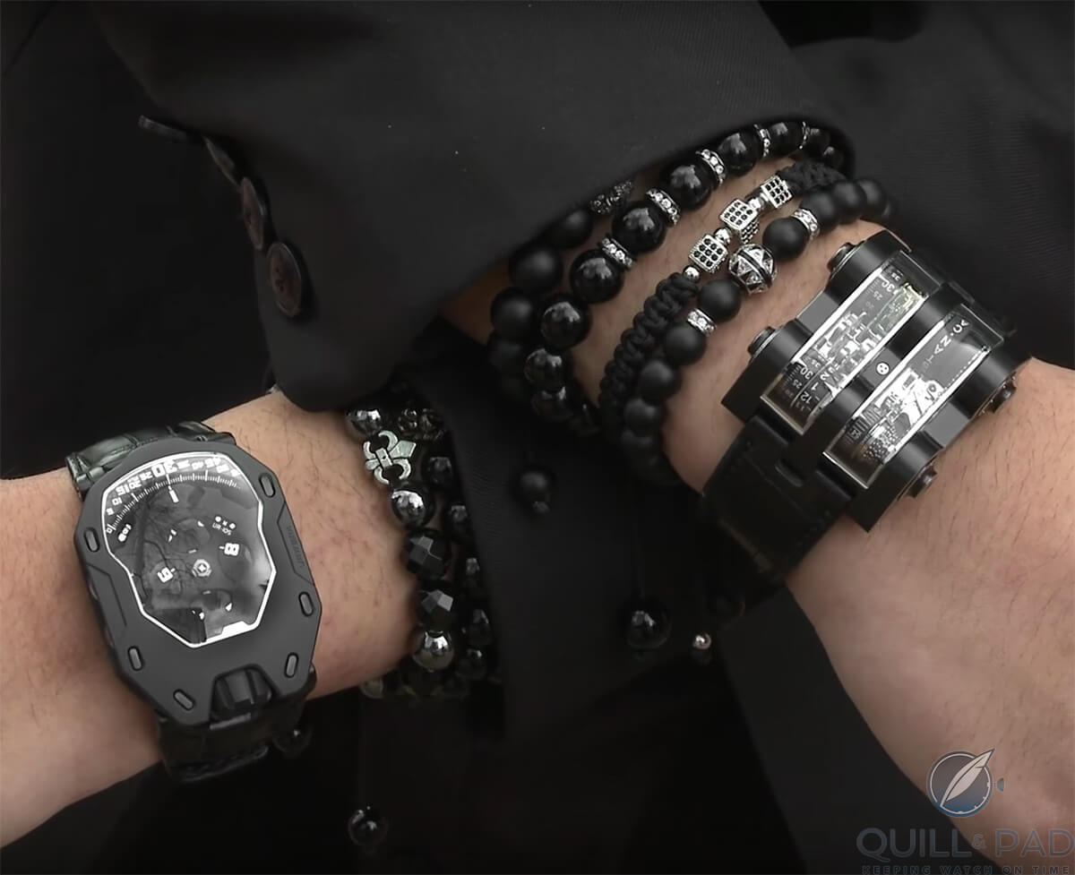 Urwerk UR-105 Dark Knight (left) and black Cabestan Winch on the wrist