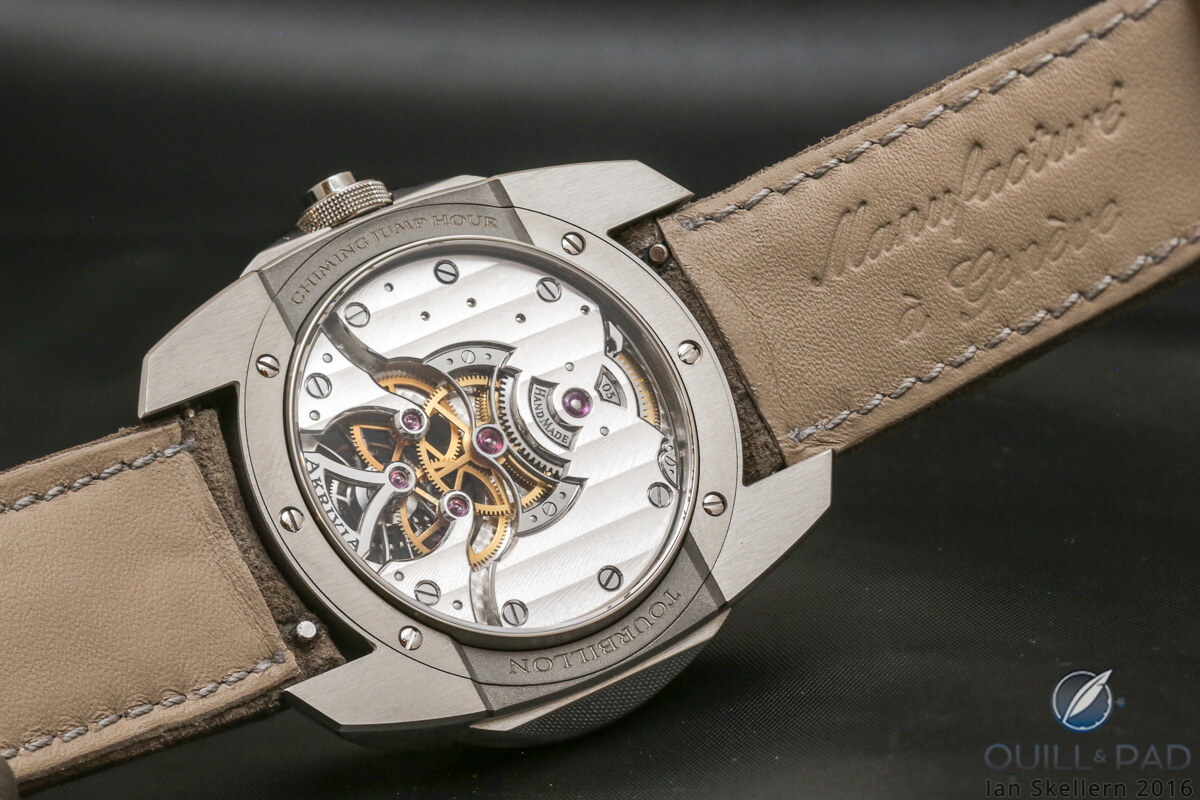 View through the display back of the Akrivia Chiming Jump Hour to the impeccably hand finished movement within