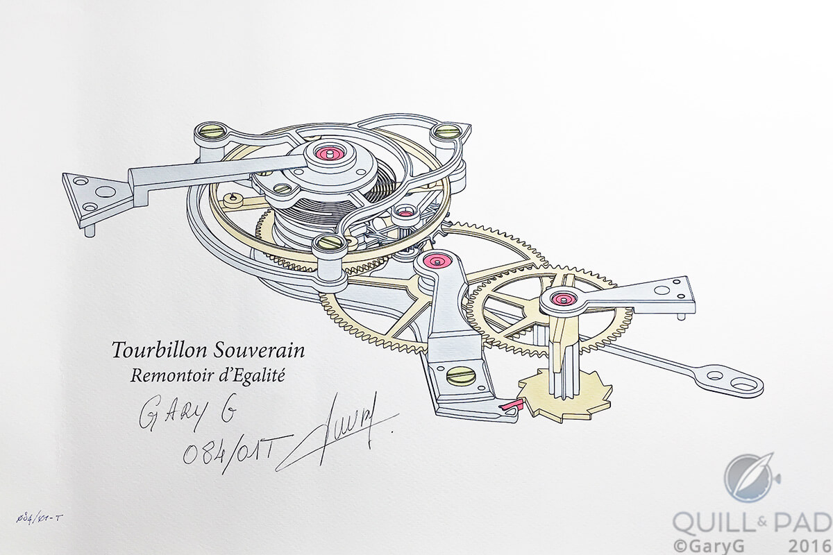 Destined for framing: personalized and autographed Journe remontoir drawing
