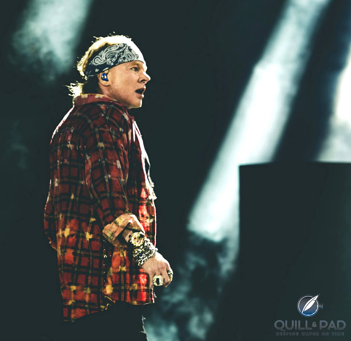 Axl Rose in concert wearing a HYT Skull Maori
