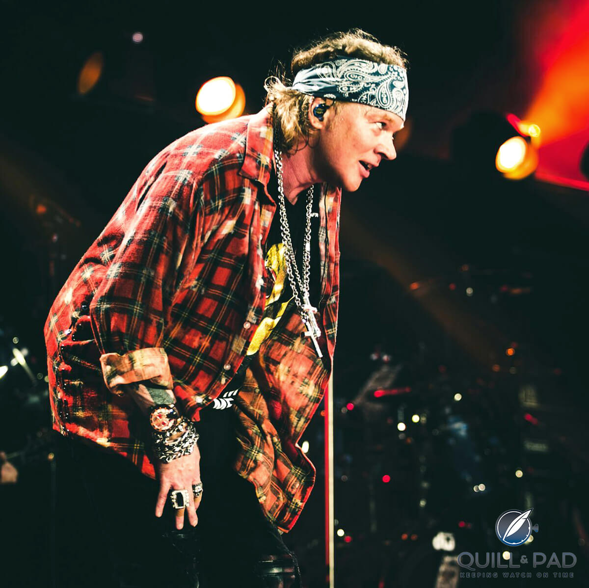 Axl Rose in concert wearing an HYT Skull Maori