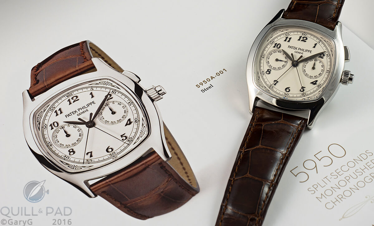Not quite like the book: my photo of Patek Philippe Reference 5950A compared with the catalogue rendering
